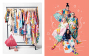 Colorful clothing rack with various garments on a white background, followed by a group of people in colorful outfits on a pink background.