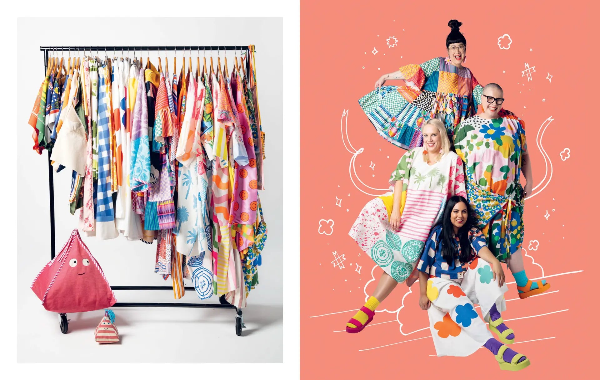 Colorful clothing rack with various garments on a white background, followed by a group of people in colorful outfits on a pink background.