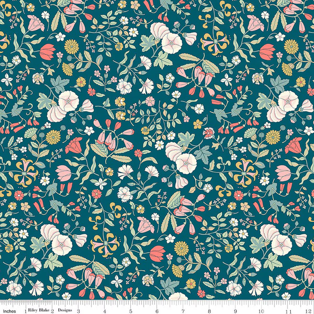 Fabric with colorful floral pattern on a green background.