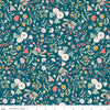 Fabric with colorful floral pattern on a green background.