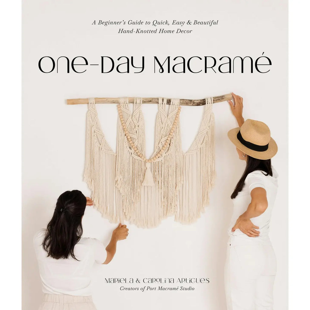 Book cover of 'One Day Macrame' with two people hanging up a macrame design on a white background.