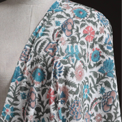 Sanganeri Hand Block Print with Running Stitch - Cotton - Peach and Aqua Flowers on White