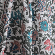 Sanganeri Hand Block Print with Running Stitch - Cotton - Peach and Aqua Flowers on White