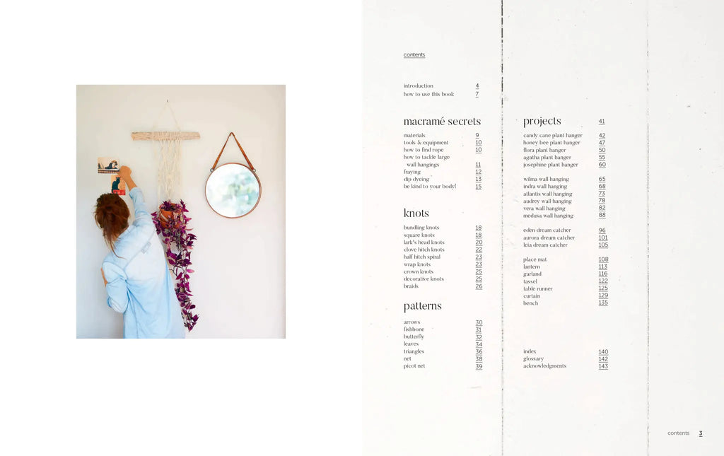 Page from a book or magazine about macrame with text and a photo of a person working on a project.
