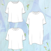 Three white tunic-style short-sleeve tops shown as flat line drawings on a light blue watercolor background with the text 'NANTIRO' at the top and 'Artist Tunics' at the bottom.