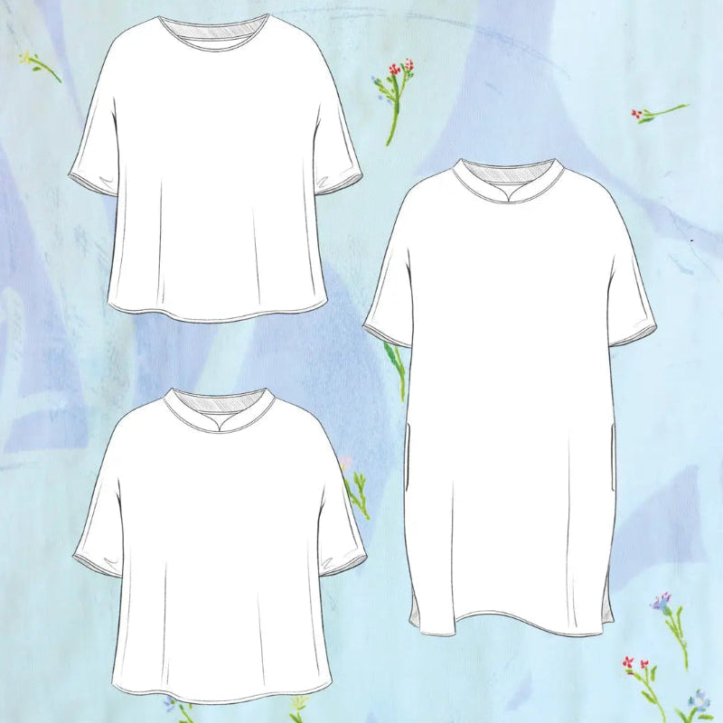 Three white tunic-style short-sleeve tops shown as flat line drawings on a light blue watercolor background with the text 'NANTIRO' at the top and 'Artist Tunics' at the bottom.