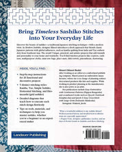 Back cover of a book titled 'Bring Timeless Sashiko Stitches into Your Everyday Life' by Landauer Publishing.