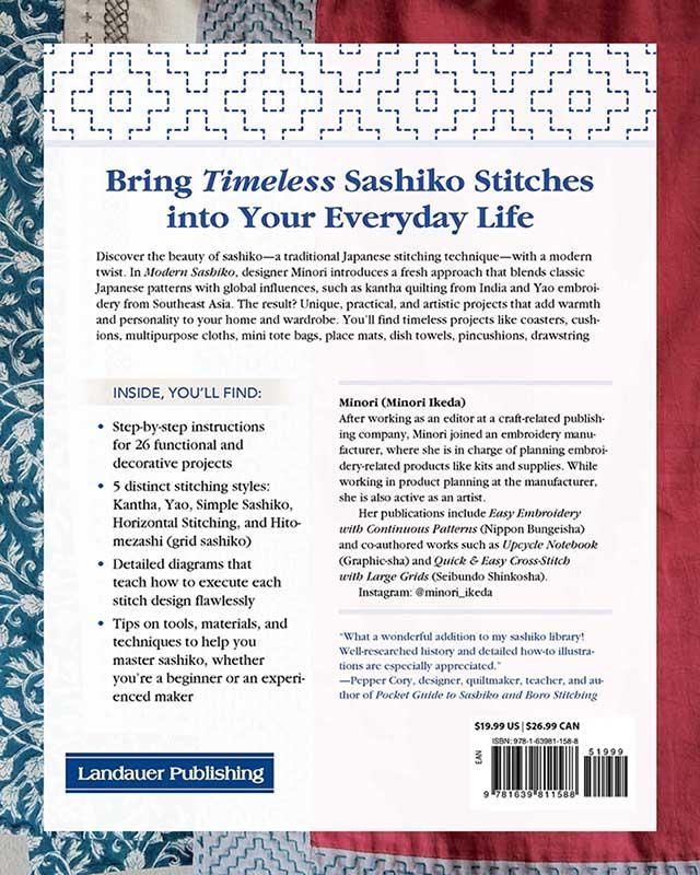 Back cover of a book titled 'Bring Timeless Sashiko Stitches into Your Everyday Life' by Landauer Publishing.