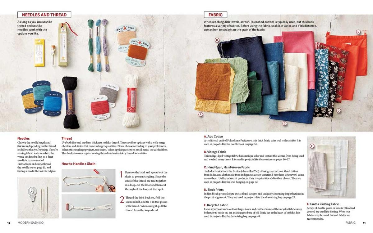 Brochure or magazine page with needle and thread supplies and fabric swatches.