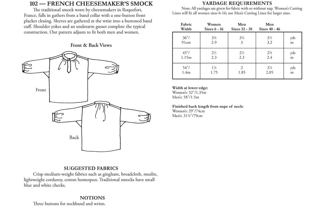 Folkwear - 102 French Cheesemaker's Smock - PDF and Printed Pattern
