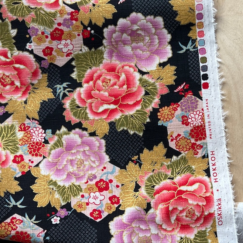 Hokkoh - Cotton Dobby - Metallic Floral Wagara - Pink & Black