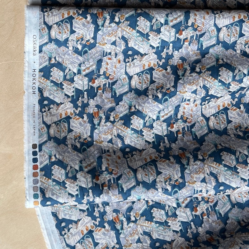 Hokkoh - Cotton Lawn - Busy Animal Kitchen - Blue