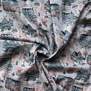 Hokkoh - Cotton Lawn - School and Town Scene - Gray & Coral