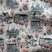 Hokkoh - Cotton Lawn - School and Town Scene - Gray & Coral