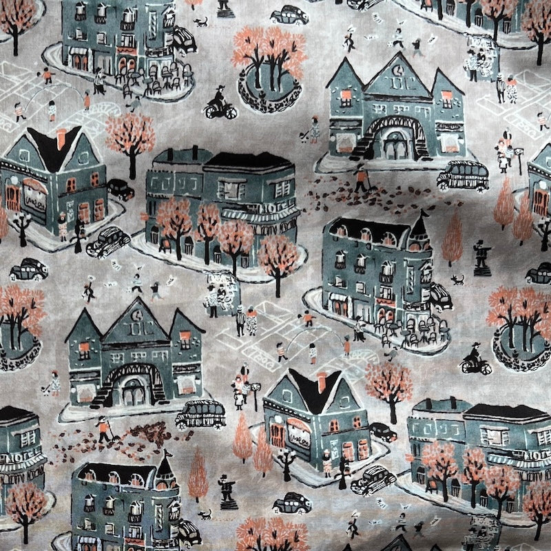 Hokkoh - Cotton Lawn - School and Town Scene - Gray & Coral