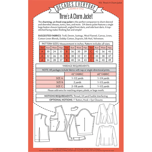 Decades of Style - Decades Everyday - #103 Three's a Charm Jacket - PDF and Printed Pattern