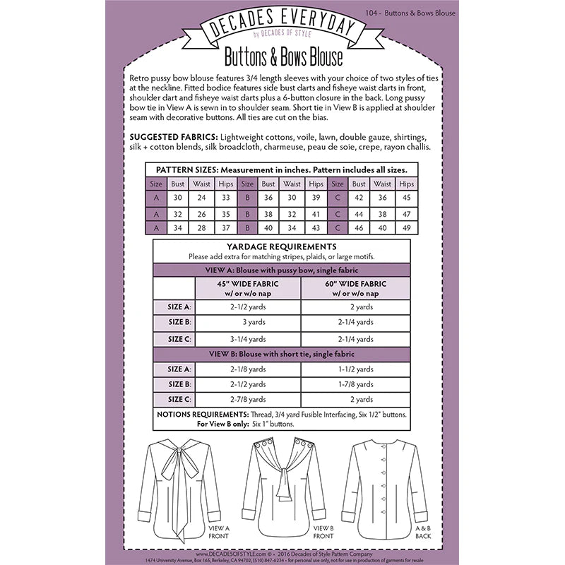 Decades of Style - Decades Everyday - #104 Buttons and Bows Blouse - PDF and Printed Pattern