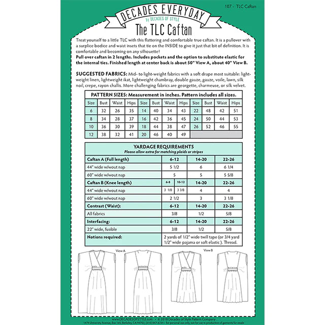 Decades of Style - Decades Everyday - #107 TLC Caftan - PDF and Printed Pattern