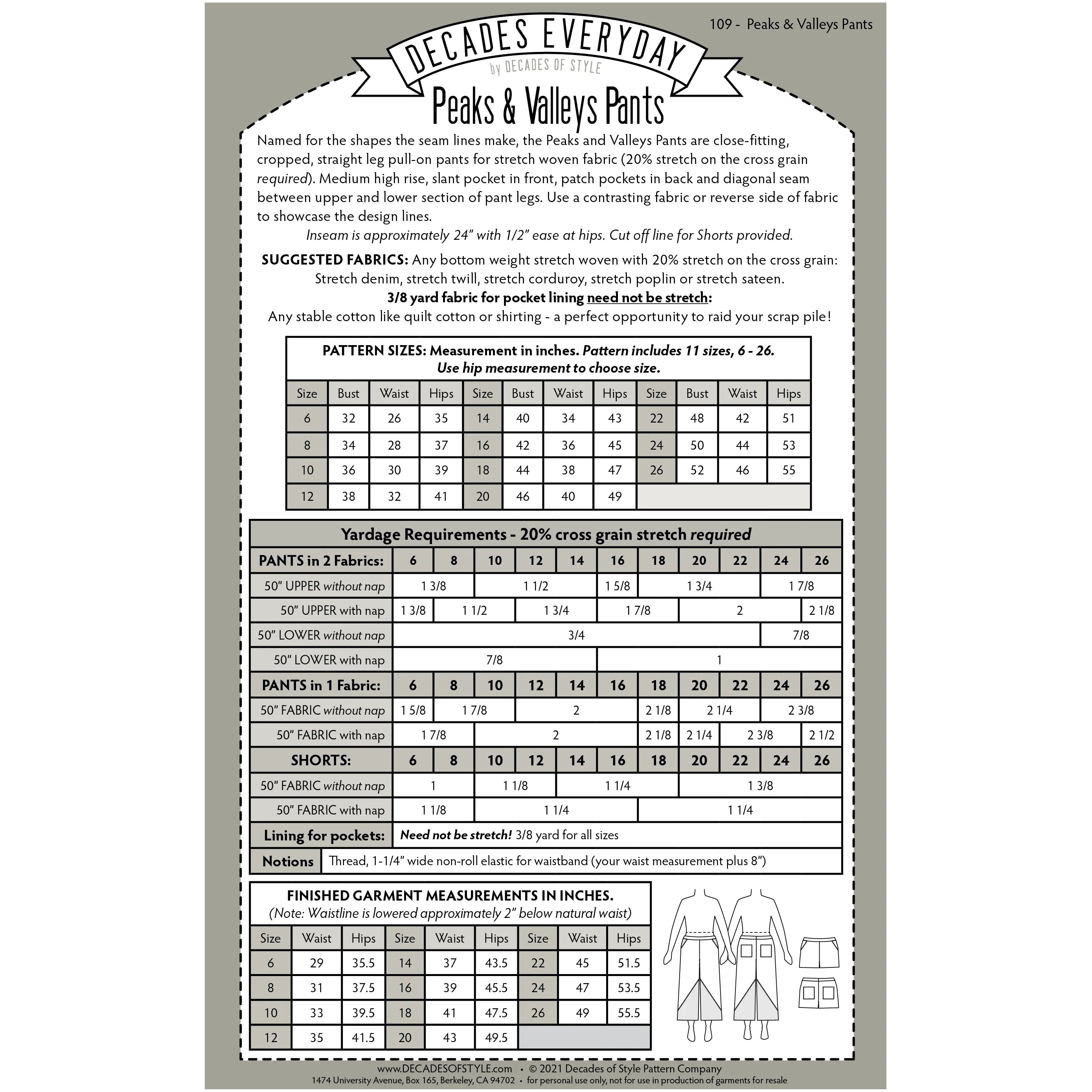 Decades of Style - Decades Everyday - #109 Peaks and Valleys Pants - PDF and Printed Pattern