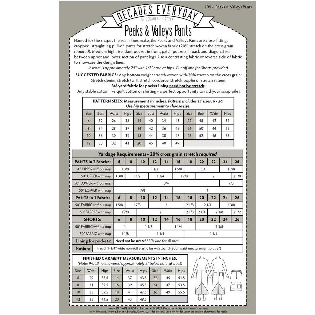 Decades of Style - Decades Everyday - #109 Peaks and Valleys Pants - PDF and Printed Pattern
