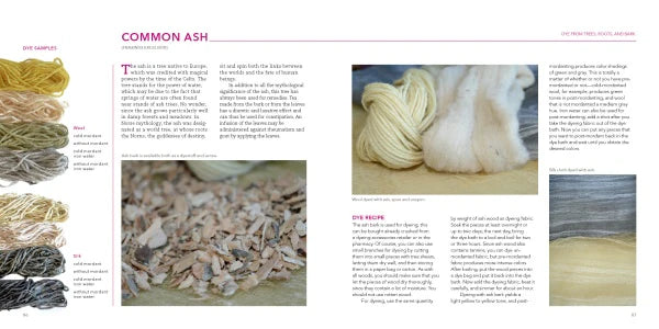 Book page with images of yarn and text about common ash