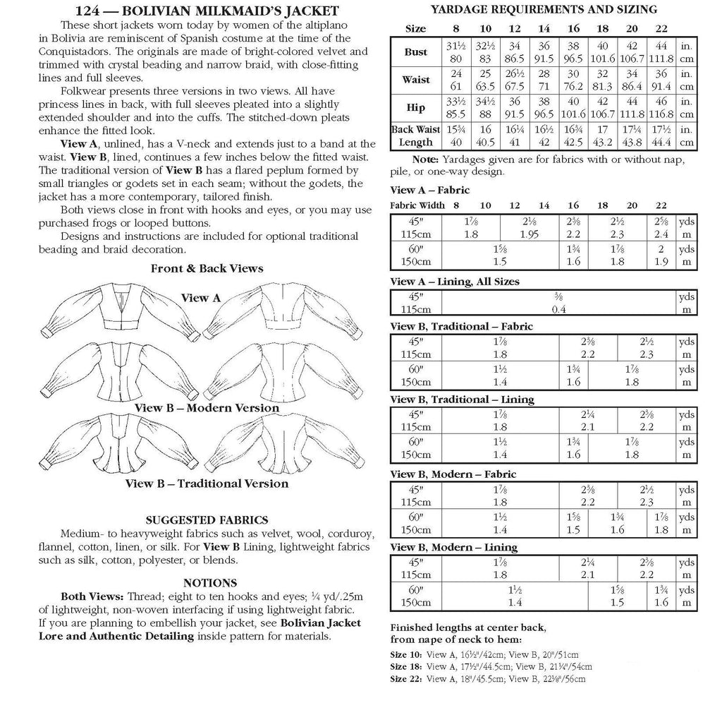 Folkwear - 124 Bolivian Milkmaid's Jacket - PDF and Printed Pattern