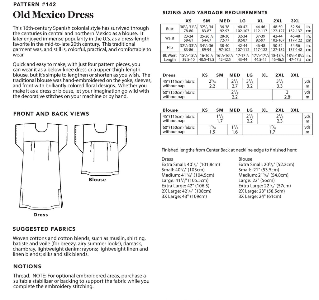 Folkwear - 142 Old Mexico Dress - PDF and Printed Pattern
