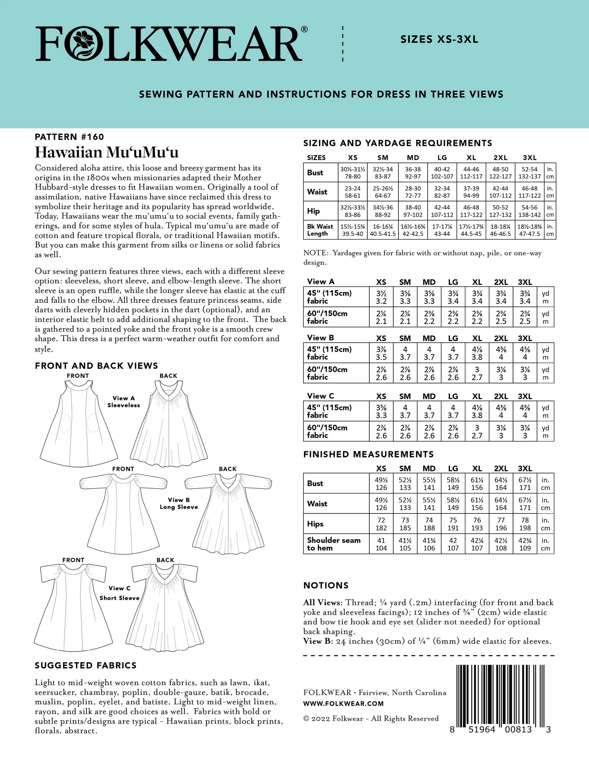 Folkwear - 160 Hawaiian Mu'umu'u - PDF and Printed Pattern