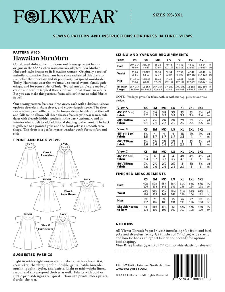 Folkwear - 160 Hawaiian Mu'umu'u - PDF and Printed Pattern