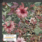 Fabric with leopards and pink flowers, featuring Oeko-Tex certification.