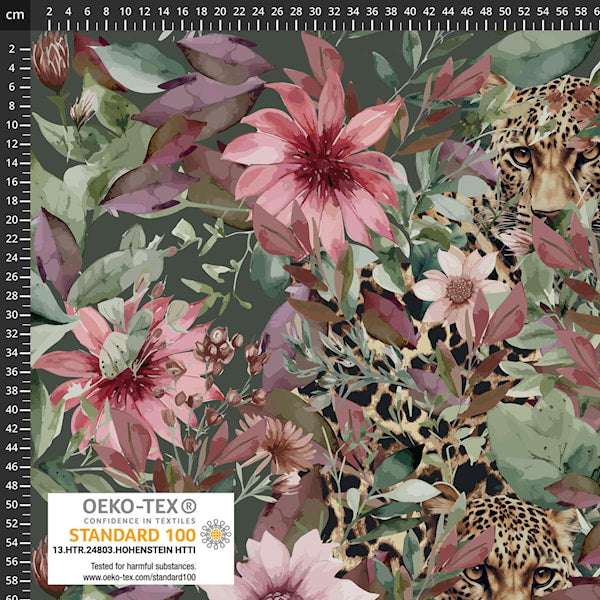 Fabric with leopards and pink flowers, featuring Oeko-Tex certification.