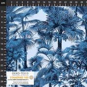 Fabric with blue palm tree pattern and Oeko-Tex certification label