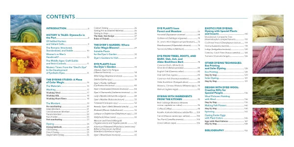 Table of contents for a book or guide with colorful yarn swatches on a white background
