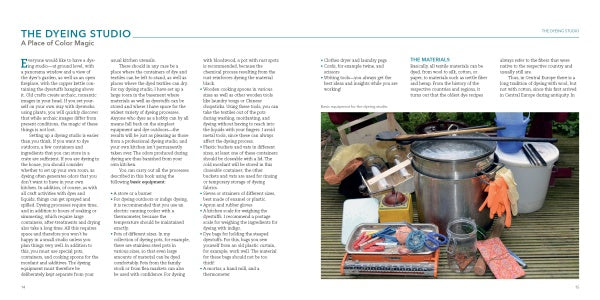 Text and image of a dyeing studio setup with equipment on a table.