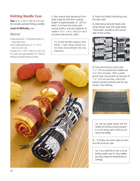 Knitting needle case with materials and instructions on a wooden surface