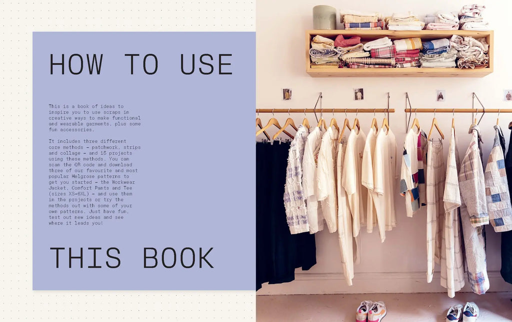 Clothing rack with clothes and a text overlay on how to use a book.