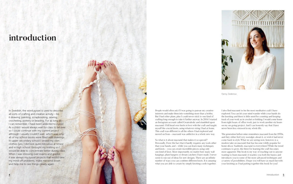 Magazine layout with a person tying their shoes, text on the left, and a woman sitting on a couch on the right.
