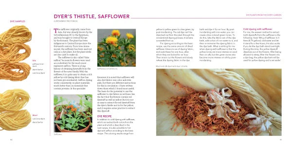 Book page about Dyer's Thistle and Safflower with text, images of plants, and yarn.
