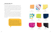 Book page with fabric type identification chart showing various colored fabric swatches and text.