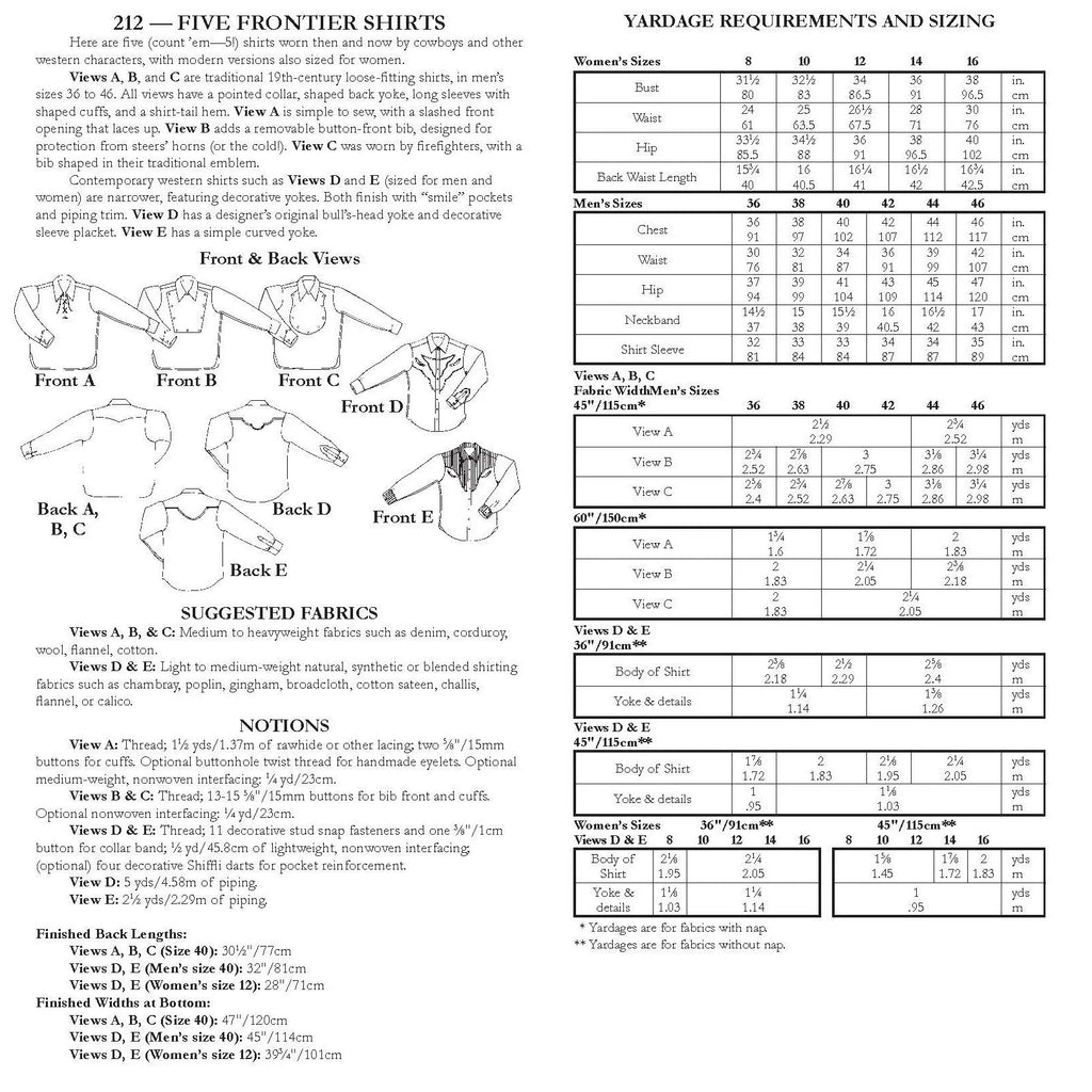 Folkwear - 212 Five Frontier Shirts - PDF and Printed Pattern