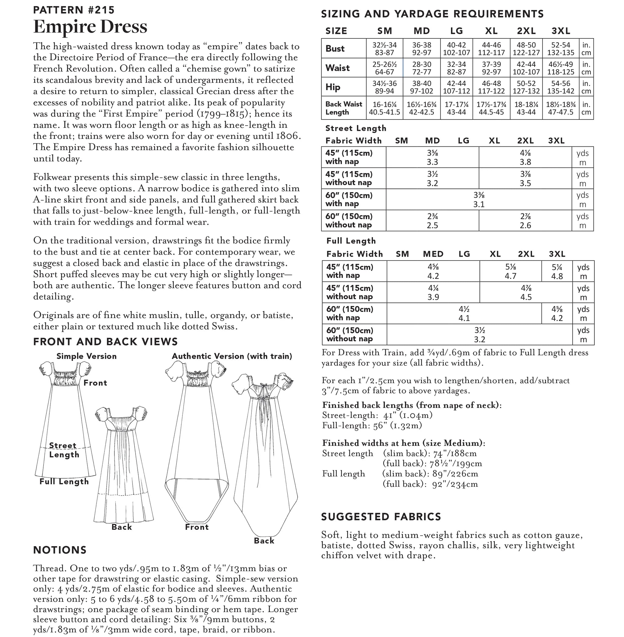 Folkwear - 215 Empire Dress - PDF and Printed Pattern
