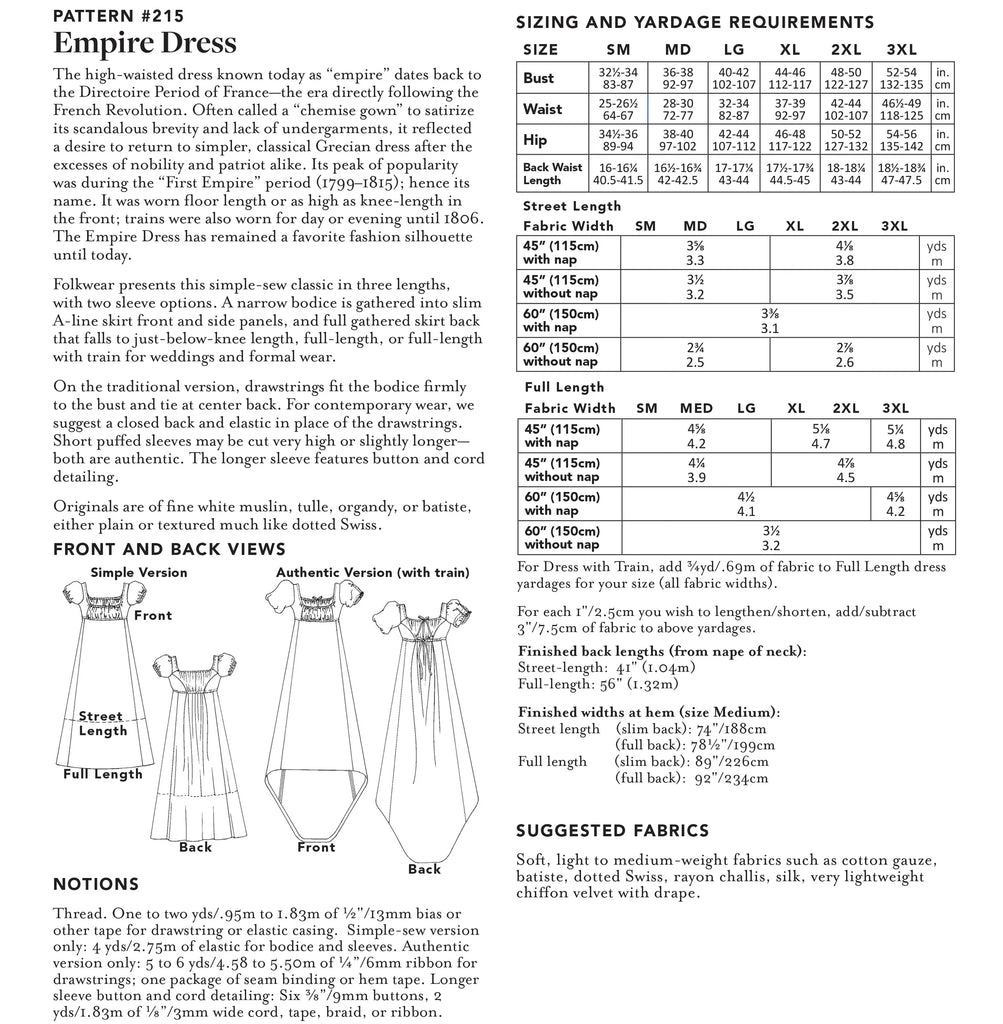 Folkwear - 215 Empire Dress - PDF and Printed Pattern