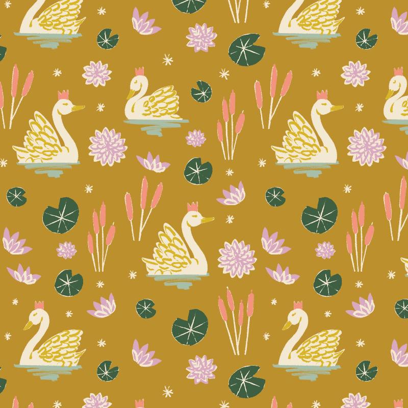 Swans with crowns, water lilies, and cattails on an ocher gold background