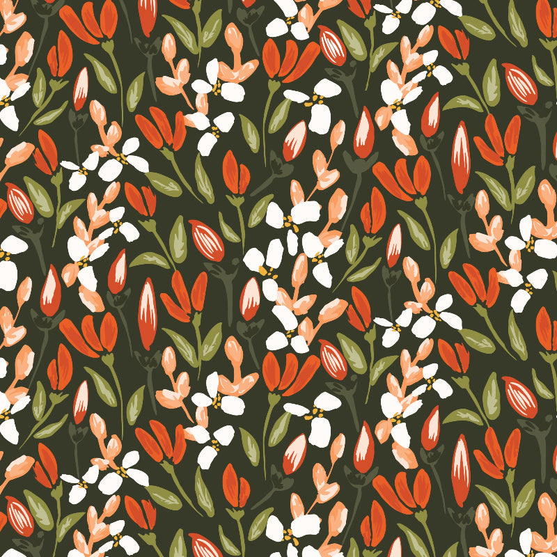 Pattern of red, white, and green flowers on a dark background