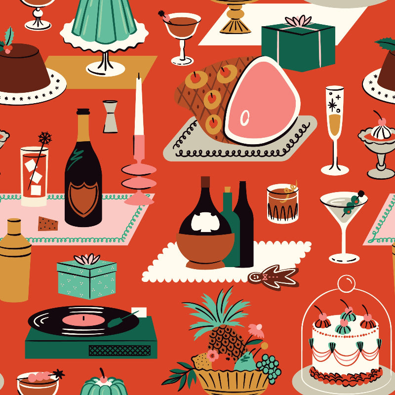 Pattern of a festive table setting with food, drinks, and decorative elements on a red background.
