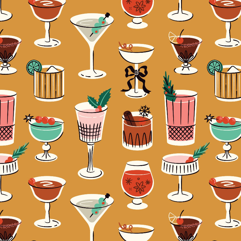 Pattern of various cocktails in glasses on a mustard yellow background