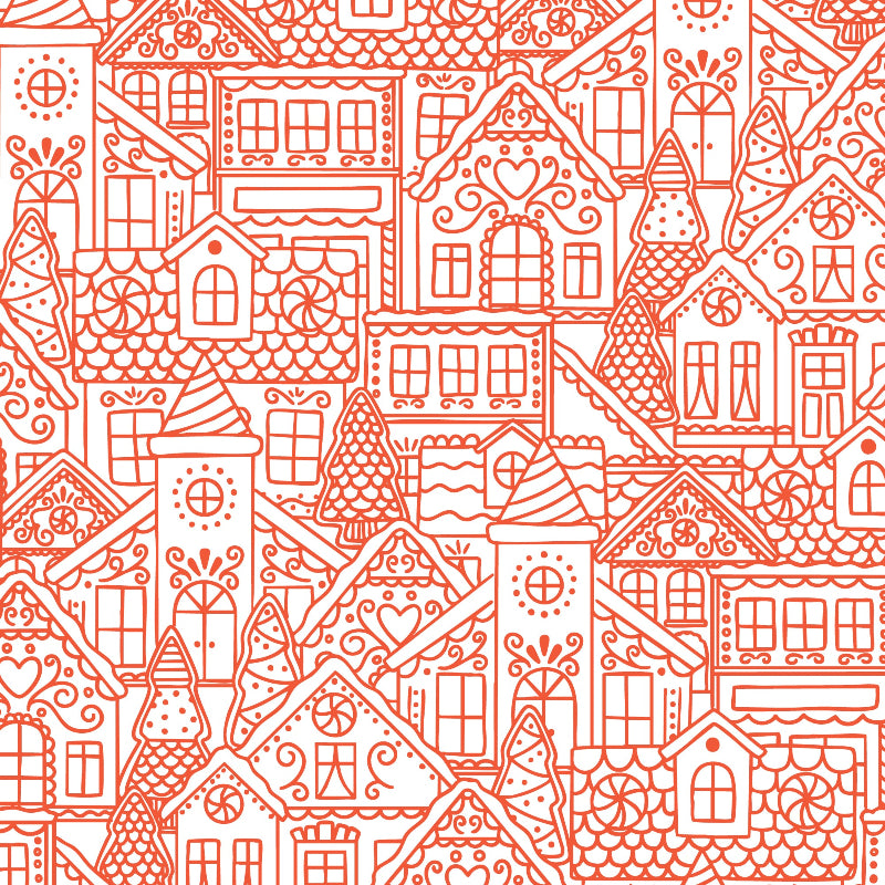 Pattern of gingerbread houses on a white background