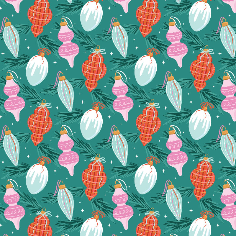Pattern of colorful Christmas ornaments on a green background