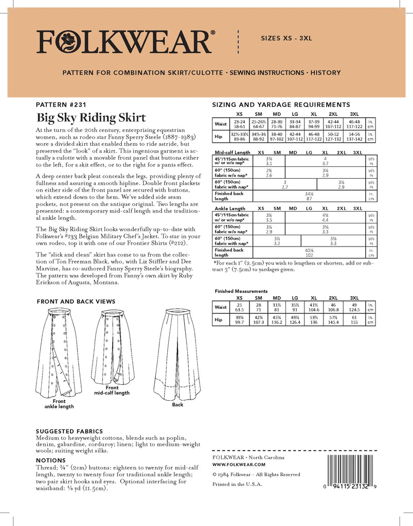 Folkwear - 231 Big Sky Riding Skirt - PDF and Printed Pattern