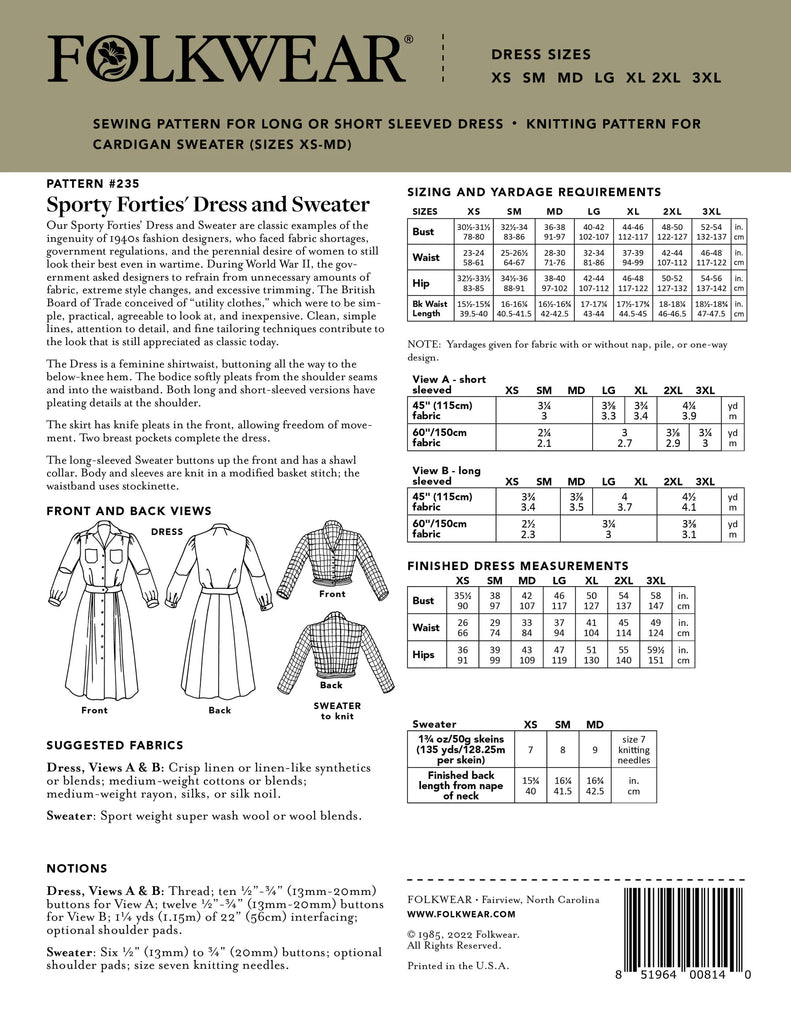 Folkwear - 235 Sporty Forties Dress - PDF and Printed Pattern